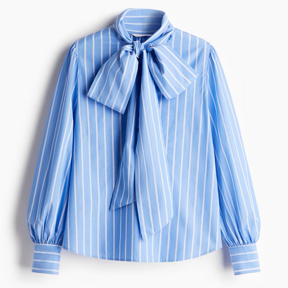 H&M Blue and White Puff Sleeve Blouse with Tie Front